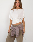 white Draped short sleeve top
Unlined
Length: 24"
Lyocell/Spandex