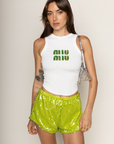 green Sequin mini shorts
Elastic waistband
Lined