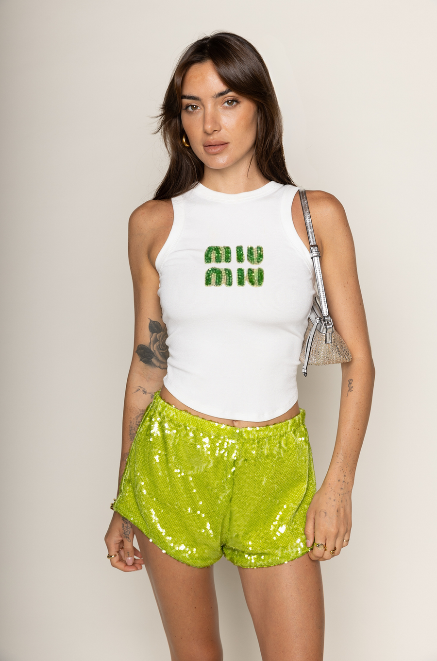 green Sequin mini shorts
Elastic waistband
Lined