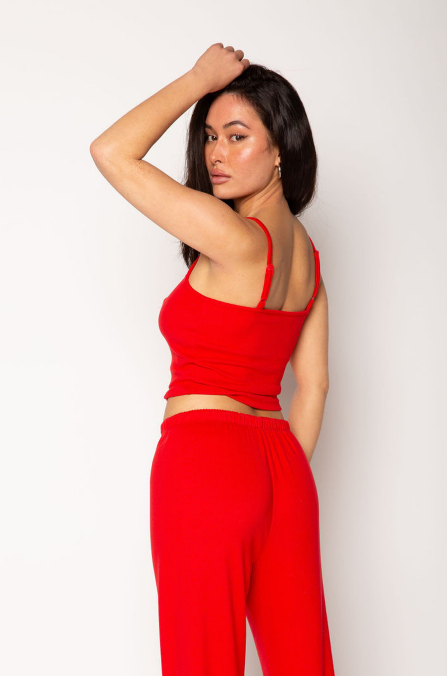 Knit crop tank. Adjustable straps. Built in bra. red cami tank. red lounge tank. red loungewear top. valentines day loungewear