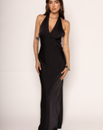 Satin halter neck maxi dress
Neck button closure
V-neckline
Side zipper closure
Lined
black maxi dress
formal maxi dress
black tie wedding guest dress
black wedding guest dress