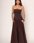 brown Strapless maxi dress
Fully lined bodice in butter soft knit
Flowy midi linen length skirt with pockets
brown wedding guest dress
fall wedding guest dress