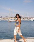 blue and white Striped satin triangle scarf top
Inner rubber grip lining
Adjustable back tie
Lined
spring summer top