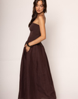 brown Strapless maxi dress
Fully lined bodice in butter soft knit
Flowy midi linen length skirt with pockets
brown wedding guest dress
fall wedding guest dress