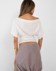 white Draped short sleeve top
Unlined
Length: 24"
Lyocell/Spandex