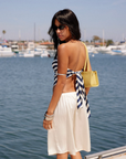 blue and white Striped satin triangle scarf top
Inner rubber grip lining
Adjustable back tie
Lined
spring summer top