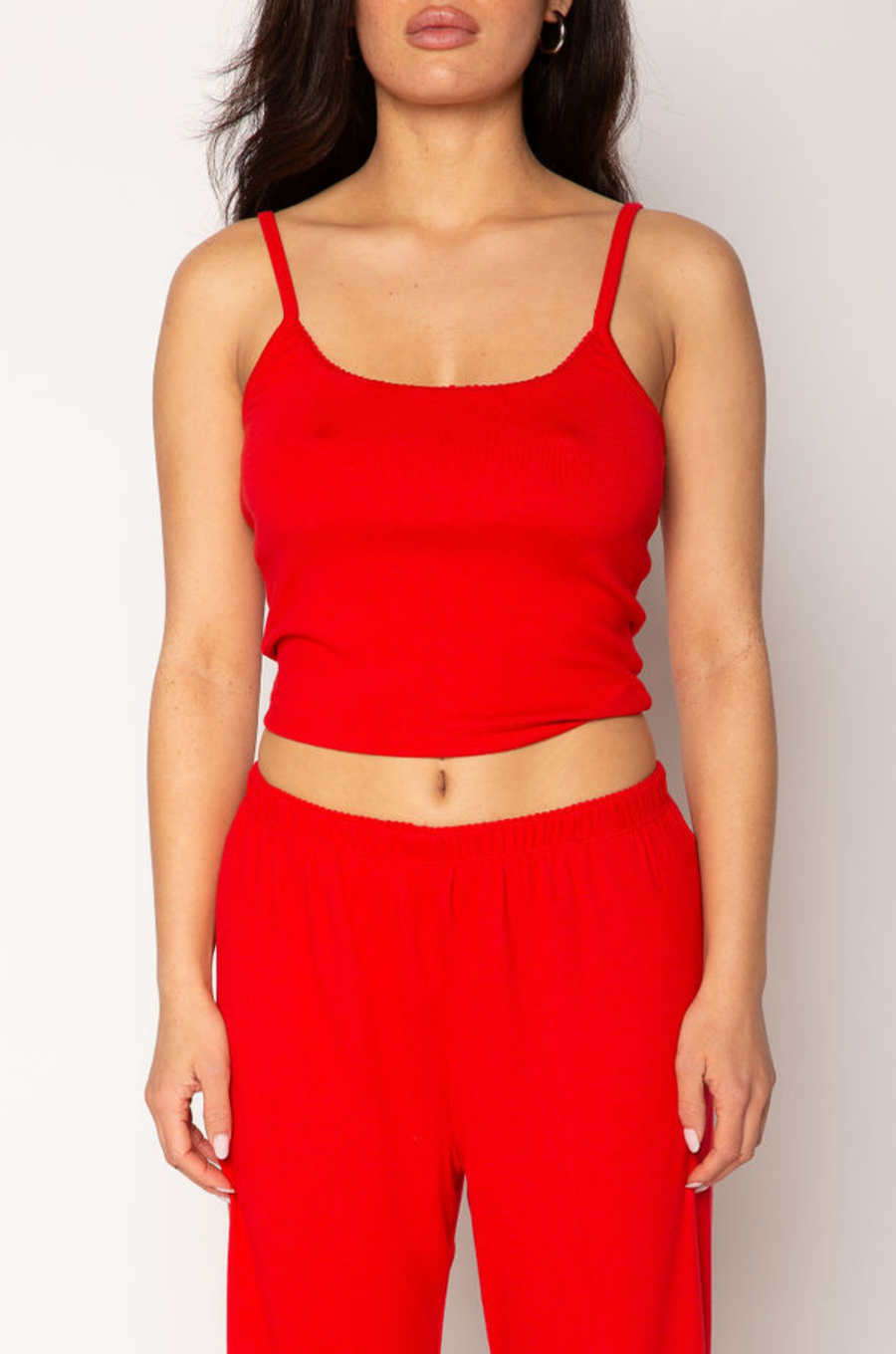 Knit crop tank. Adjustable straps. Built in bra. red cami tank. red lounge tank. red loungewear top. valentines day loungewear