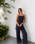 TOP
navy blue Satin tunic top
Adjustable spaghetti strap
Droop back
Unlined

BOTTOM
navy blue Satin pant
Elastic waistband
Unlined