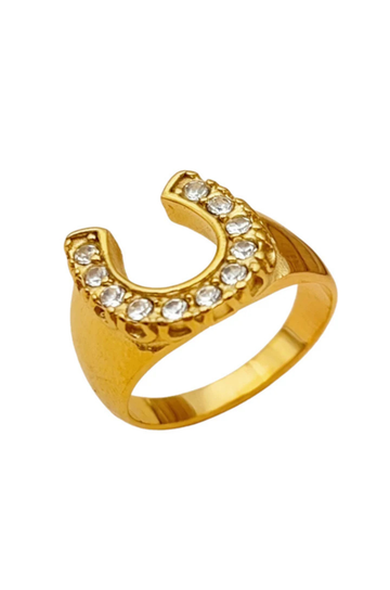 Featuring a bold horseshoe design
Studded with brilliant, sparkling crystals
Crafted from premium, tarnish-free stainless steel
Hypoallergenic nature ensures comfort and durability
gold horseshoe ring
