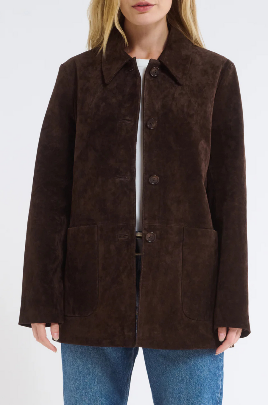 brown Genuine suede jacket
Front button down closure
Fully lined
Front chore pockets
Boxy fit
Genuine suede/Polyester
brown suede jacket
fall jacket
fall outfit
fall layering