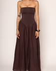brown Strapless maxi dress
Fully lined bodice in butter soft knit
Flowy midi linen length skirt with pockets
brown wedding guest dress
fall wedding guest dress