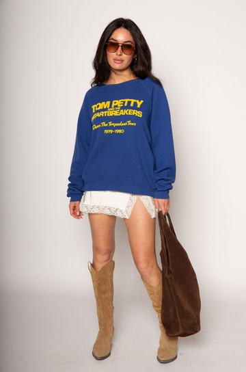 Knit sweater. Crewneck. Banded hems. Fleece lining. tom petty sweater. oversized sweater. blue sweater