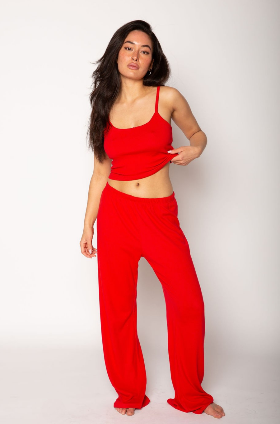 Knit crop tank. Adjustable straps. Built in bra. red cami tank. red lounge tank. red loungewear top. valentines day loungewear