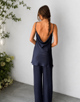 TOP
navy blue Satin tunic top
Adjustable spaghetti strap
Droop back
Unlined

BOTTOM
navy blue Satin pant
Elastic waistband
Unlined