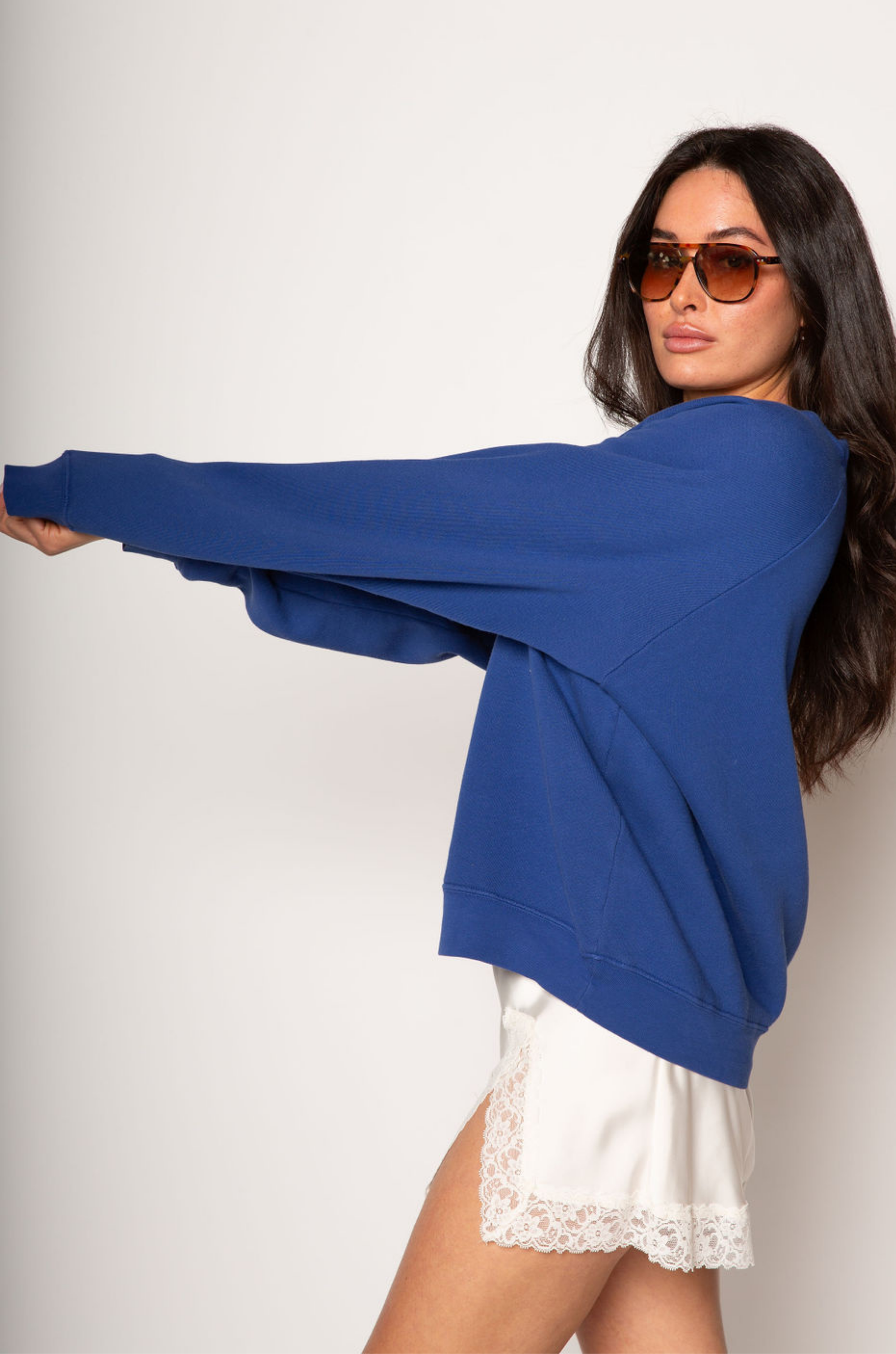 Knit sweater. Crewneck. Banded hems. Fleece lining. tom petty sweater. oversized sweater. blue sweater