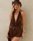brown Lace halter mini dress
Cowl neck
Open back
Asymmetrical hem
Fixed halter strap
Unlined/Sheer