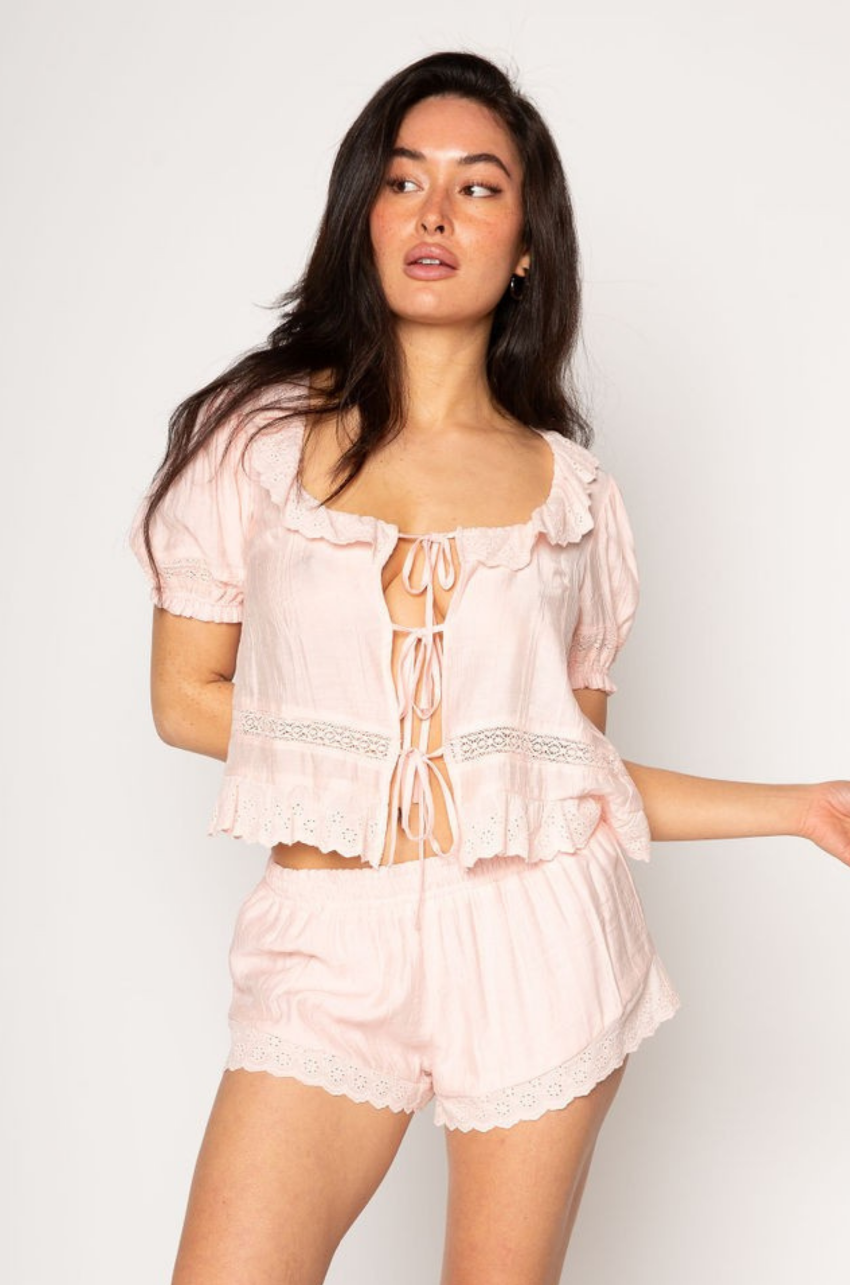 pink Crinkle woven shorts. Elastic waistband. Eyelet trim. Fully lined. valentines day outfit. lounge shorts, lounge set