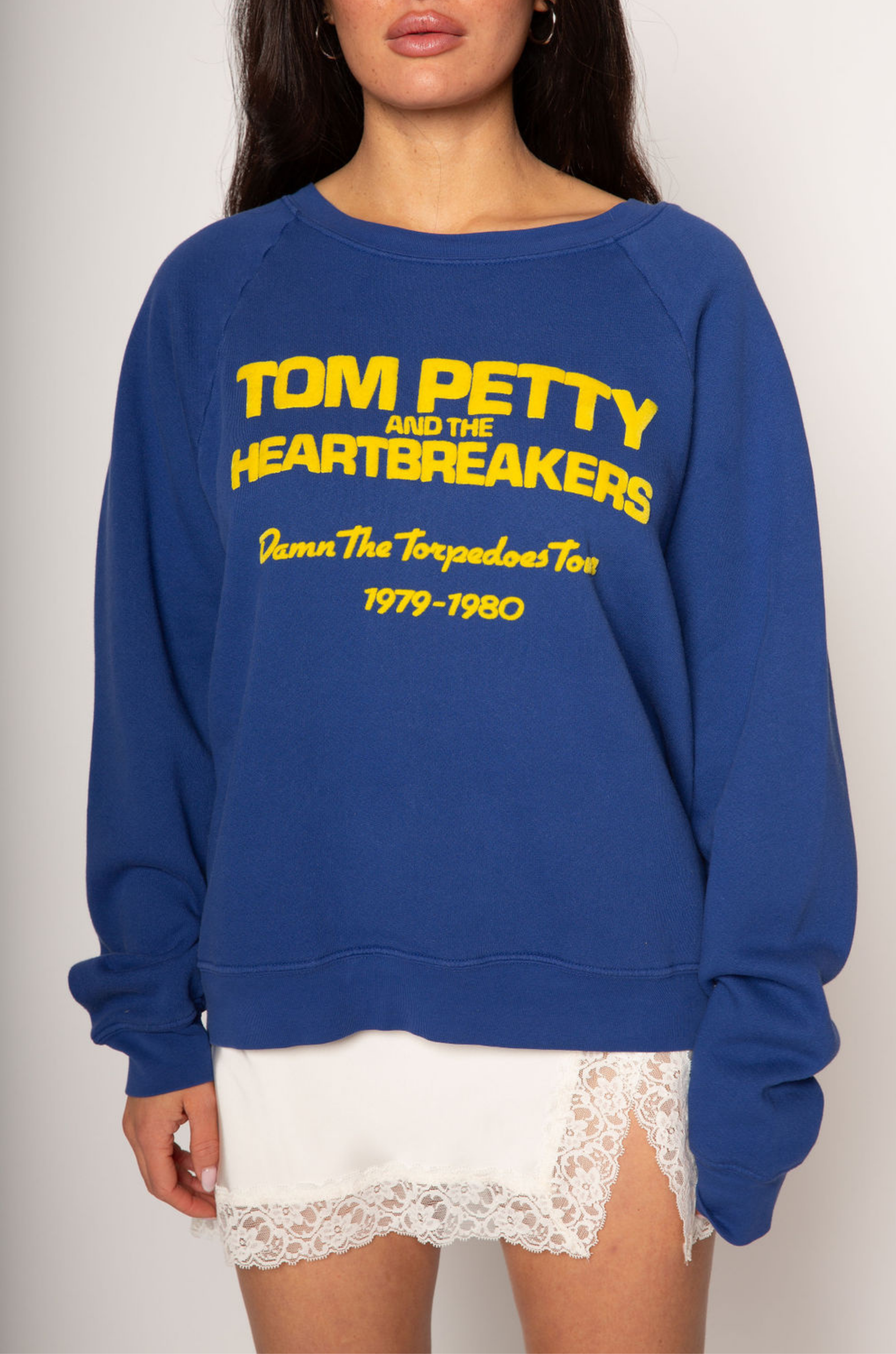 Knit sweater. Crewneck. Banded hems. Fleece lining. tom petty sweater. oversized sweater. blue sweater