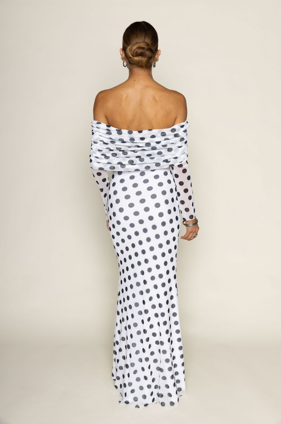 Polka dot mesh long sleeve maxi dress
Off the shoulder silhouette
Gathered detailing
white polka dot maxi dress