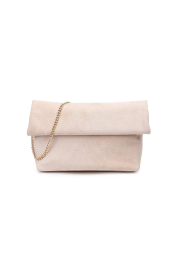 Crossbody faux suede purse
Removable chain strap
Outer zip pocket
Inner zip and slip pocket
Magnetic closure
Lined
Vegan Leather
beige faux seule clutch purse 
fall bag
fall clutch
