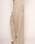 Washed wide leg pants
5 pocket construction
Button and fly closure
Belt loops
beige trouser pants
work wear
cute work wear pants