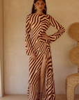 Animal printed long sleeve maxi dress
Front high slit 
Boat neckline
Adjustable back straps 
Open back Back zipper closure 
Lined, non-stretch 
zebra printed maxi dress 
long sleeve maxi dress