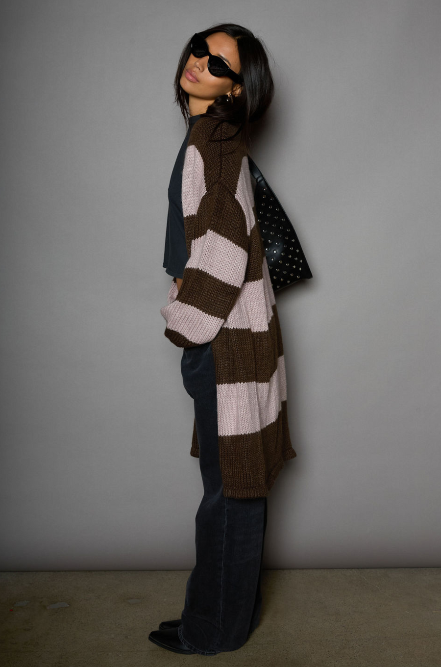 Striped open knit crochet longline cardigan. Long sleeves. Open front. Unlined. striped long knit cardigan. fall outfit. winter outfit. fall cardigan. winter cardigan. layering piece