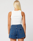 High rise, loose fit denim shorts
medium wash denim shorts
Crafted with a comfort rigid denim meaning they will be fitted when first worn and will slowly soften and mold to your body after wash &amp; wear
Zip fly