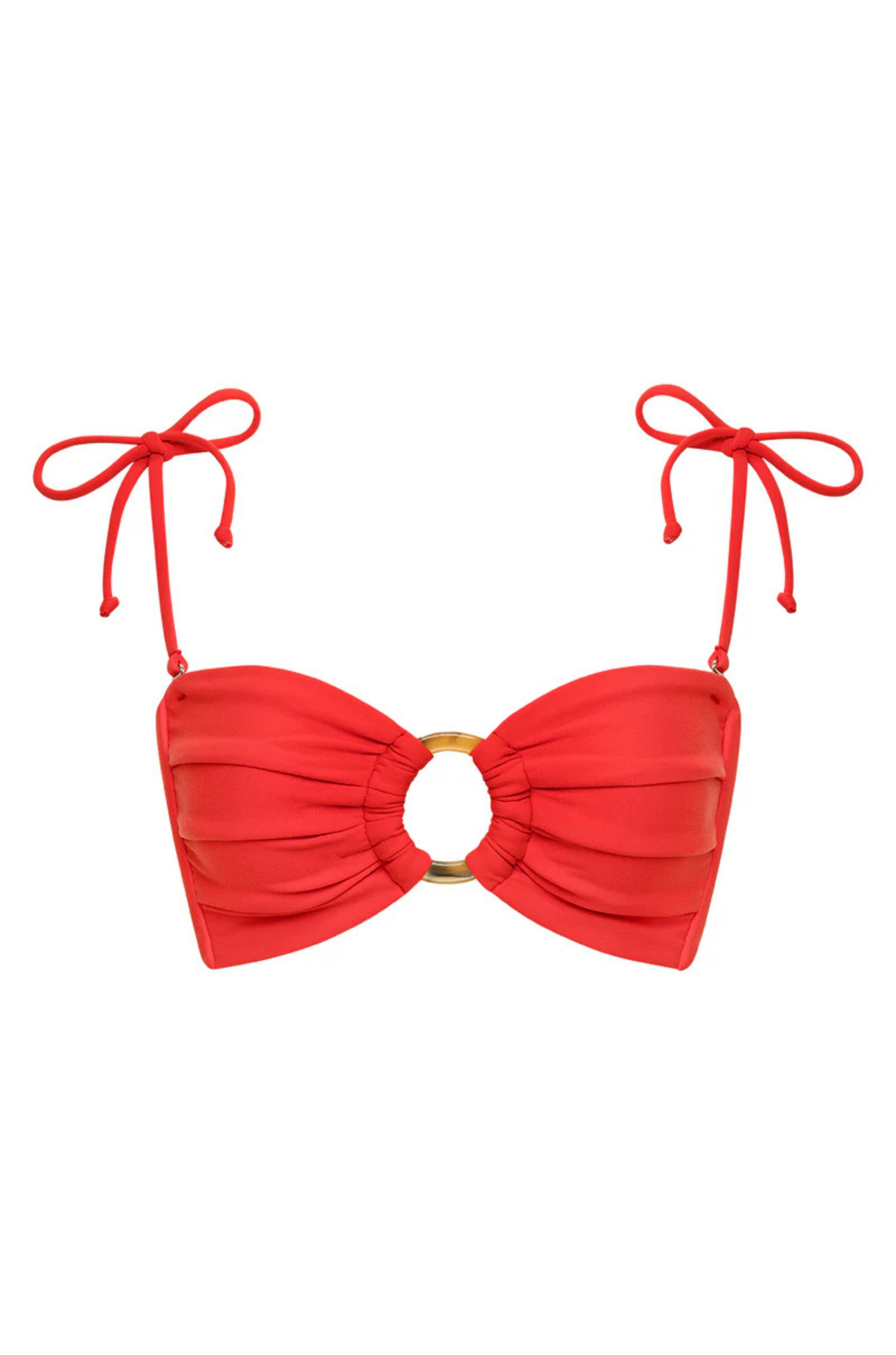 Strapless bandeau bikini top with removable tie-up straps
Adjustable back tie
Tortoise O ring
Medium Support
Side-Seam Boning for Support
Ruched Detailing
Supplex Lycra/Extra Life Nylon
red strapless bandeau bikini top
fourth of july bikini outfit
