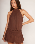 brown Mesh halter neck mini dress
Adjustable neck tie
Ruched bodice
Low back
Lined
