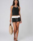 black Halter neck top
Inner bra
white Contrast trim
Unlined
sporty chic outfit