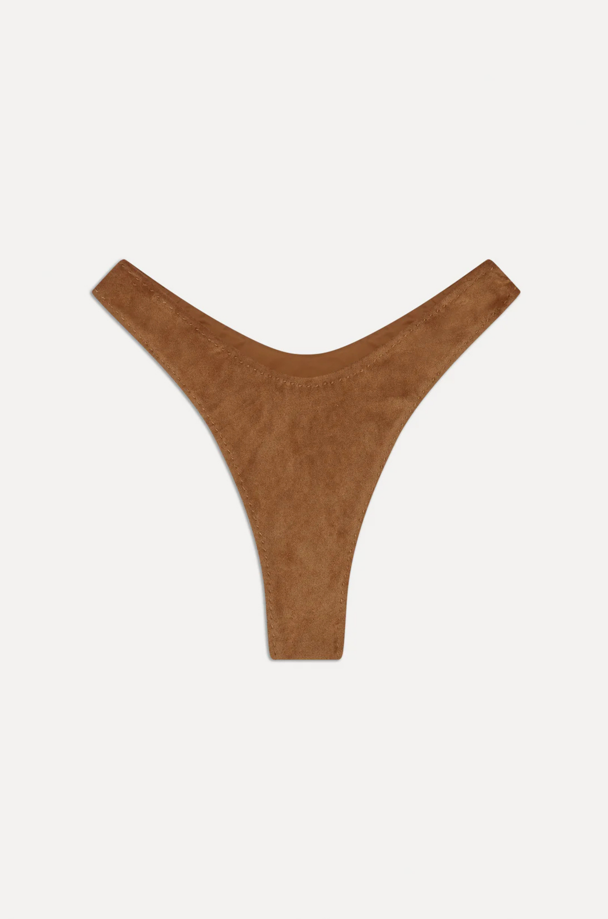 tan brown Suede micro bikini bottom
Front dip
Slimming high leg cut
Special saddle stitch detailing