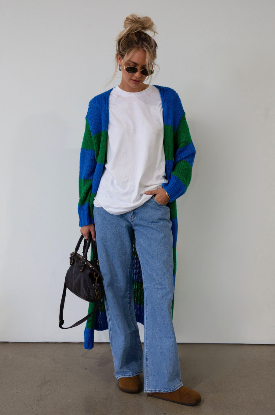 Striped fuzzy crochet knit longline cardigan. Long sleeves. Open front. Unlined. long cardigan. striped cardigan. fall cardigan. fall outfit