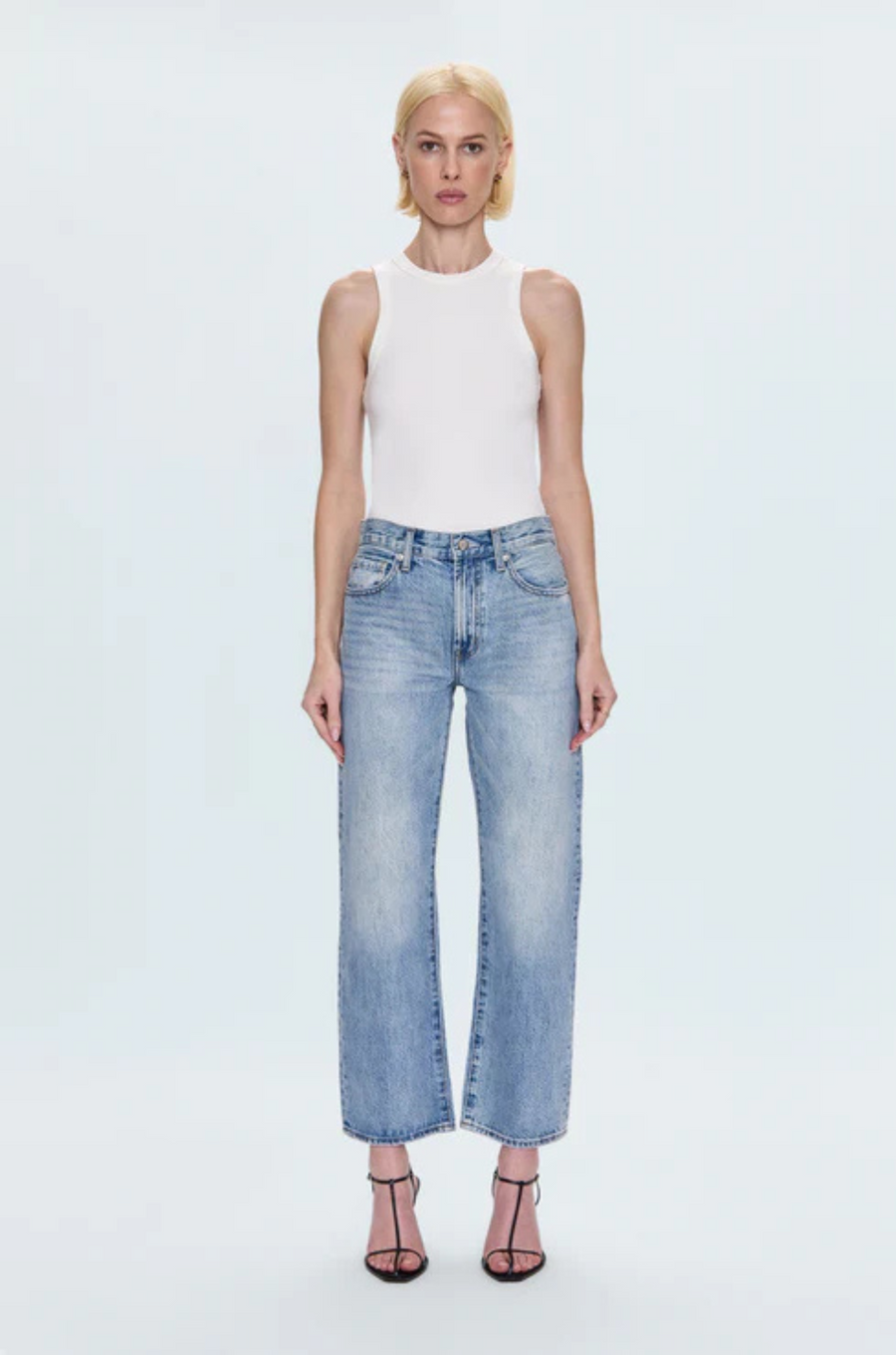 Faded straight leg jeans
Mid rise bowed straight leg jeans
No stretch
Button and zipper fly
Five pocket construction
Rise: 10" / Inseam: 29" / Leg Opening: 17.5"
Cotton
mid to light wash denim jeans