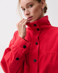 red Funnel neck jacket
Front button down closure
Draped fit
Length: 27"
Cotton