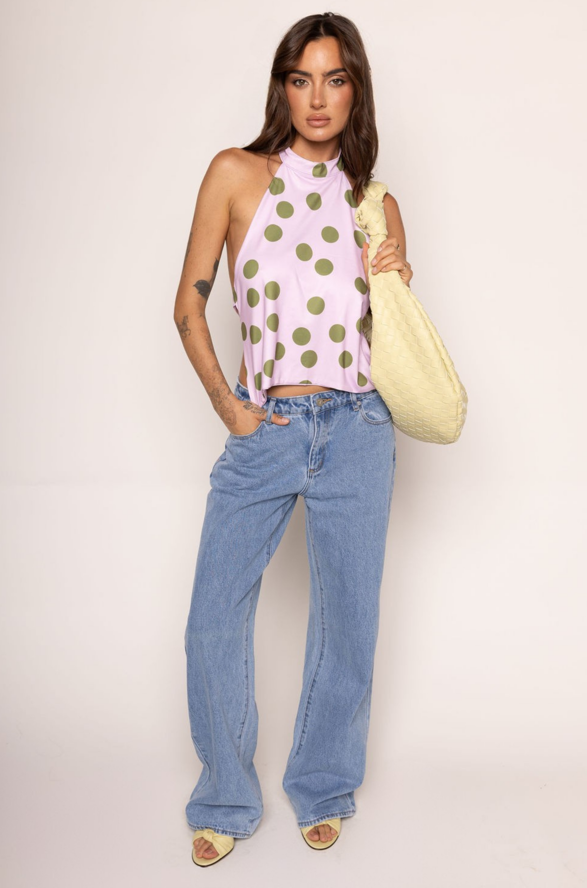 Polka dot printed halter top
Button closure neck strap
Fixed back straps
Lined
green and pink polka dot halter top
going out top
summer going out top