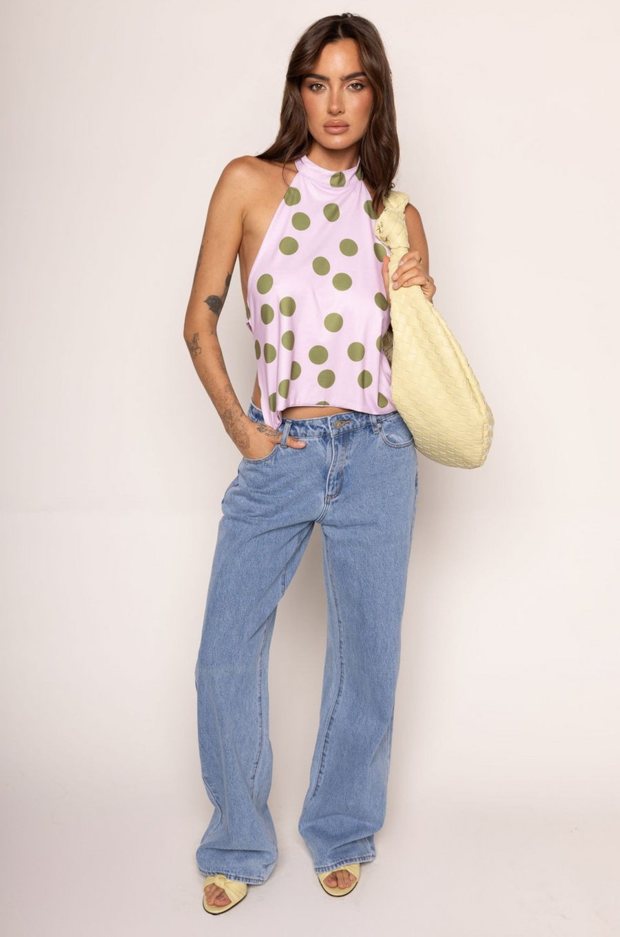 Polka dot printed halter top
Button closure neck strap
Fixed back straps
Lined
green and pink polka dot halter top
going out top
summer going out top