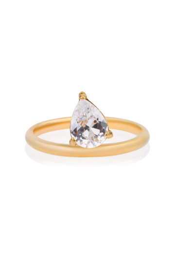 Classic gold band set with an angled pear-cut CZ crystal
Tarnish-free, waterproof, and hypoallergenic
Backed by Ginneca Row's lifetime guarantee, including replacement if it ever tarnishes or loses stone integrity