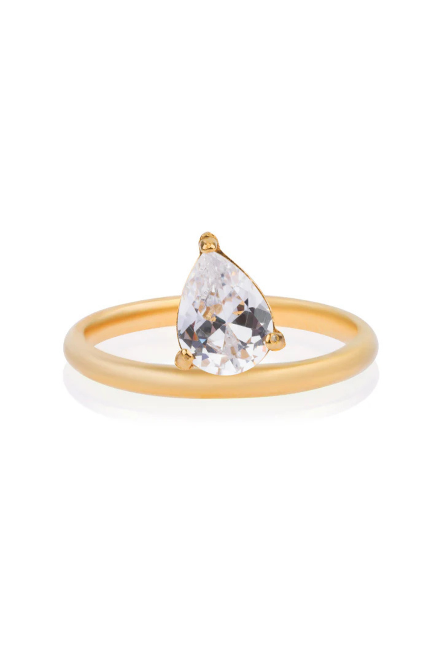 Classic gold band set with an angled pear-cut CZ crystal
Tarnish-free, waterproof, and hypoallergenic
Backed by Ginneca Row's lifetime guarantee, including replacement if it ever tarnishes or loses stone integrity