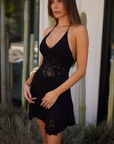 black Bohemian halter neck mini dress
bodice sheer embroidery 
Adjustable neck tie
Bamboo jersey
Kerawang embroidery bodice