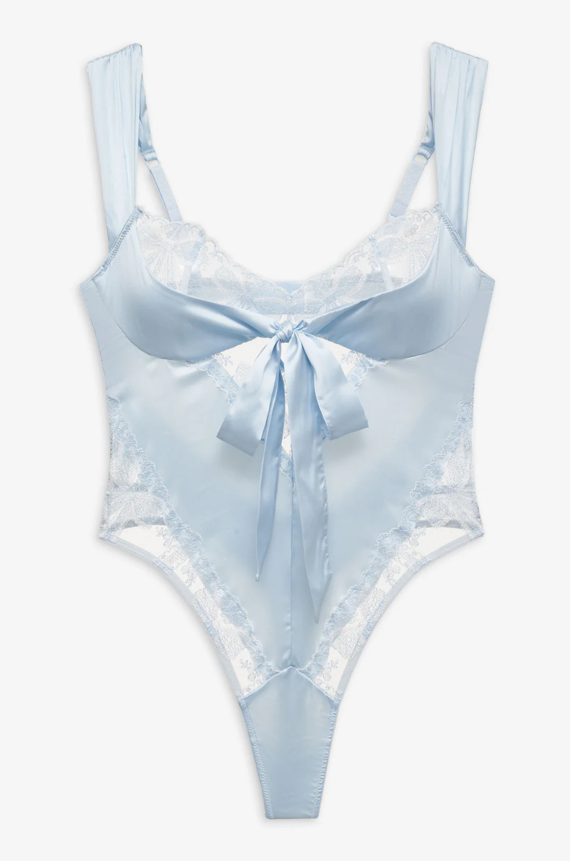 Blue Satin teddy lingerie bodysuit
Adorned with intricate bow embroidery
Lace detailing
Thong back
Double-layer satin sash that ties at the front
Adjustable shoulder straps
Hook and eye closure at center-back
Functional keyhole and button at lower back
blue satin lingerie bodysuit