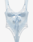 Blue Satin teddy lingerie bodysuit
Adorned with intricate bow embroidery
Lace detailing
Thong back
Double-layer satin sash that ties at the front
Adjustable shoulder straps
Hook and eye closure at center-back
Functional keyhole and button at lower back
blue satin lingerie bodysuit