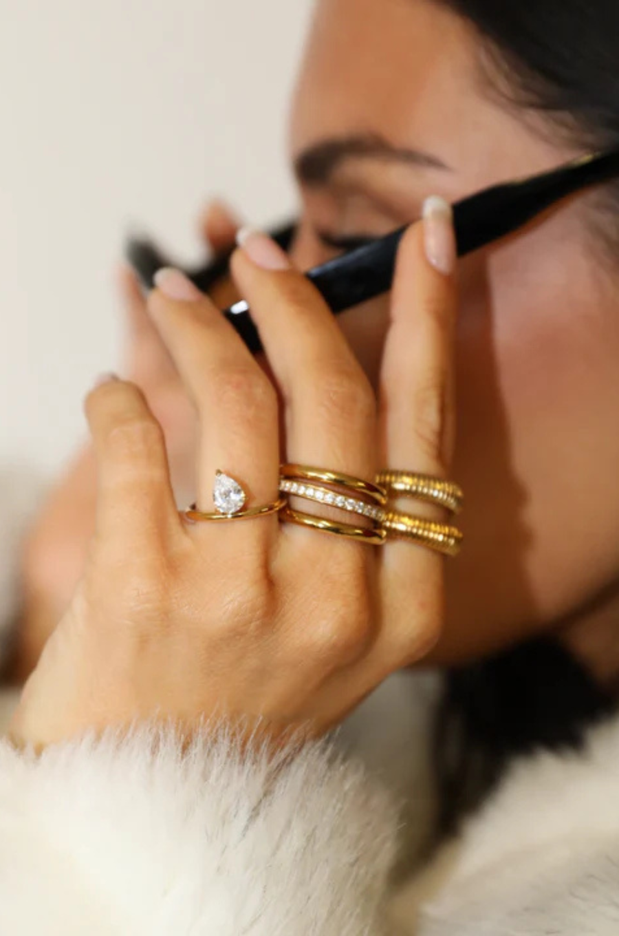 Classic gold band set with an angled pear-cut CZ crystal
Tarnish-free, waterproof, and hypoallergenic
Backed by Ginneca Row's lifetime guarantee, including replacement if it ever tarnishes or loses stone integrity