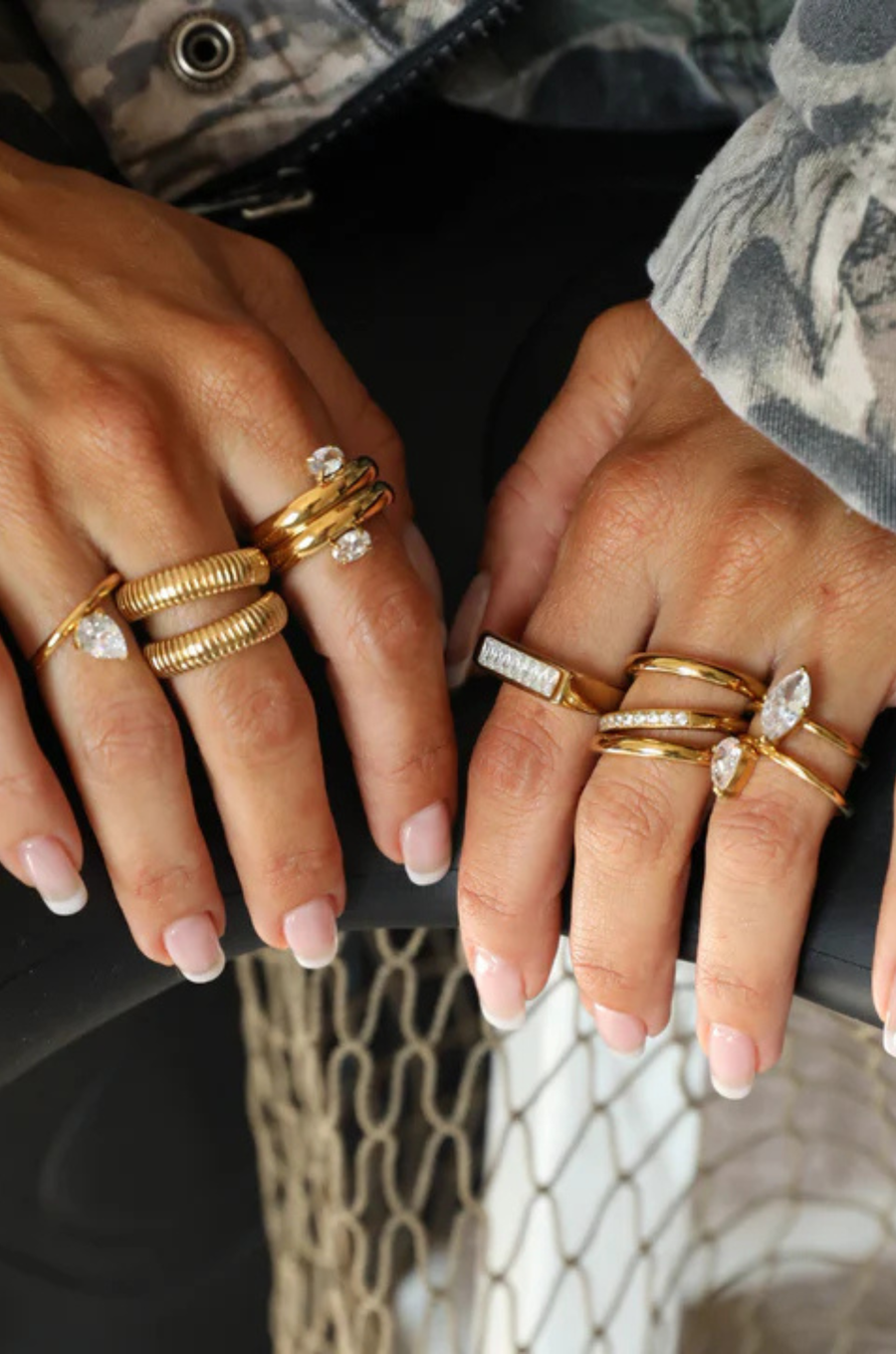 Classic gold band set with an angled pear-cut CZ crystal
Tarnish-free, waterproof, and hypoallergenic
Backed by Ginneca Row's lifetime guarantee, including replacement if it ever tarnishes or loses stone integrity