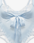 Blue Satin teddy lingerie bodysuit
Adorned with intricate bow embroidery
Lace detailing
Thong back
Double-layer satin sash that ties at the front
Adjustable shoulder straps
Hook and eye closure at center-back
Functional keyhole and button at lower back
blue satin lingerie bodysuit