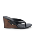 Black leather wooden wedge sandal