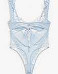 Blue Satin teddy lingerie bodysuit
Adorned with intricate bow embroidery
Lace detailing
Thong back
Double-layer satin sash that ties at the front
Adjustable shoulder straps
Hook and eye closure at center-back
Functional keyhole and button at lower back
blue satin lingerie bodysuit
