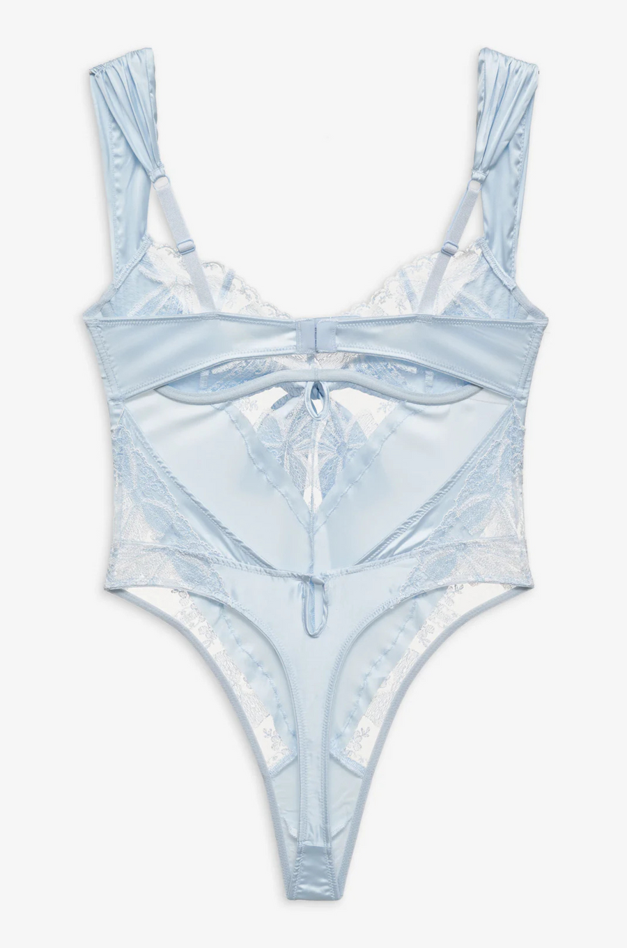 Blue Satin teddy lingerie bodysuit
Adorned with intricate bow embroidery
Lace detailing
Thong back
Double-layer satin sash that ties at the front
Adjustable shoulder straps
Hook and eye closure at center-back
Functional keyhole and button at lower back
blue satin lingerie bodysuit