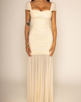 Mesh off the shoulder maxi dress
Rouched bodice
Back zipper closure
Partially lined in nude pink fabric
Partially sheer
cream colored maxi dress
butter yellow half sheer maxi dress
yellow wedding guest dress