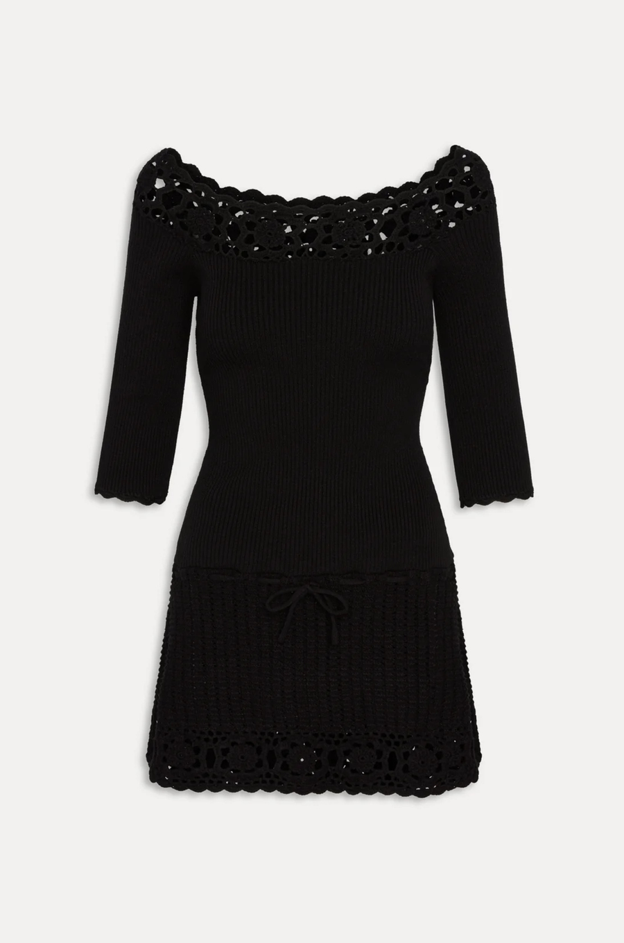 Knit crochet mini dress
Designed in Cloud Knit fabric
Drop waist dress
Soft crochet fabric on the neckline and skirt
Tie detail on the skirt
Crochet design on neckline and skirt
FRANKIES BLACK KNIT CROCHET MINI DRESS
3/4 SLEEVE